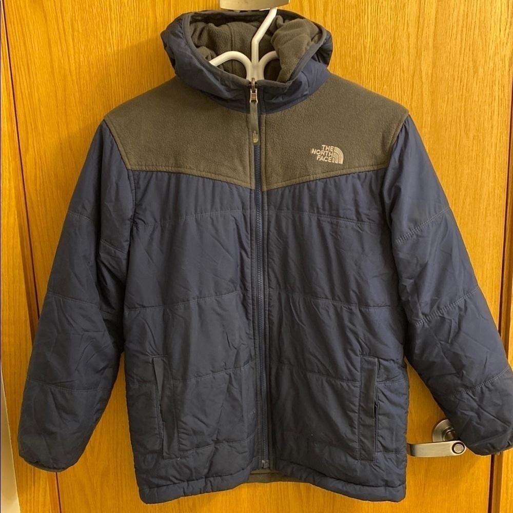 NORTH FACE Boys Reversible Hooded Full Zip Coat Jacket Blue Grey Size Large 16